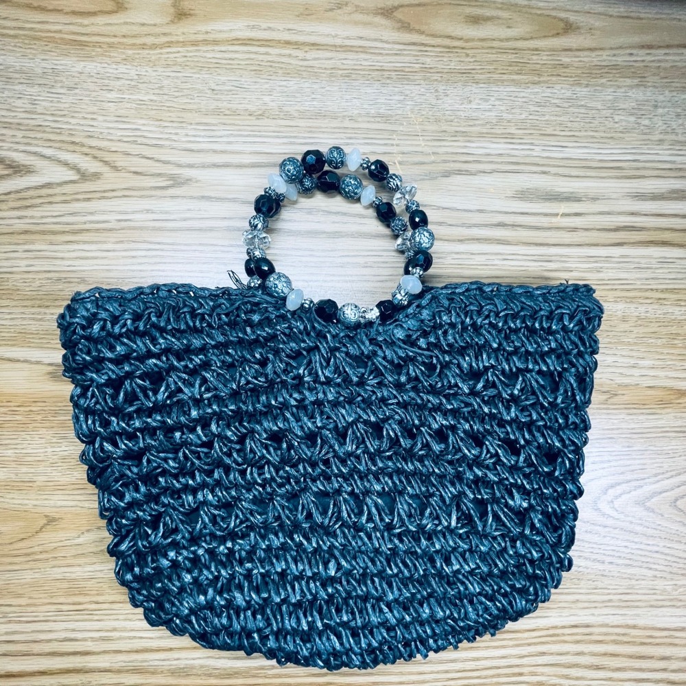 Kelly & Katie Women Tote Bag Black Woven Straw Beaded‎ Handle Boho Large Handbag